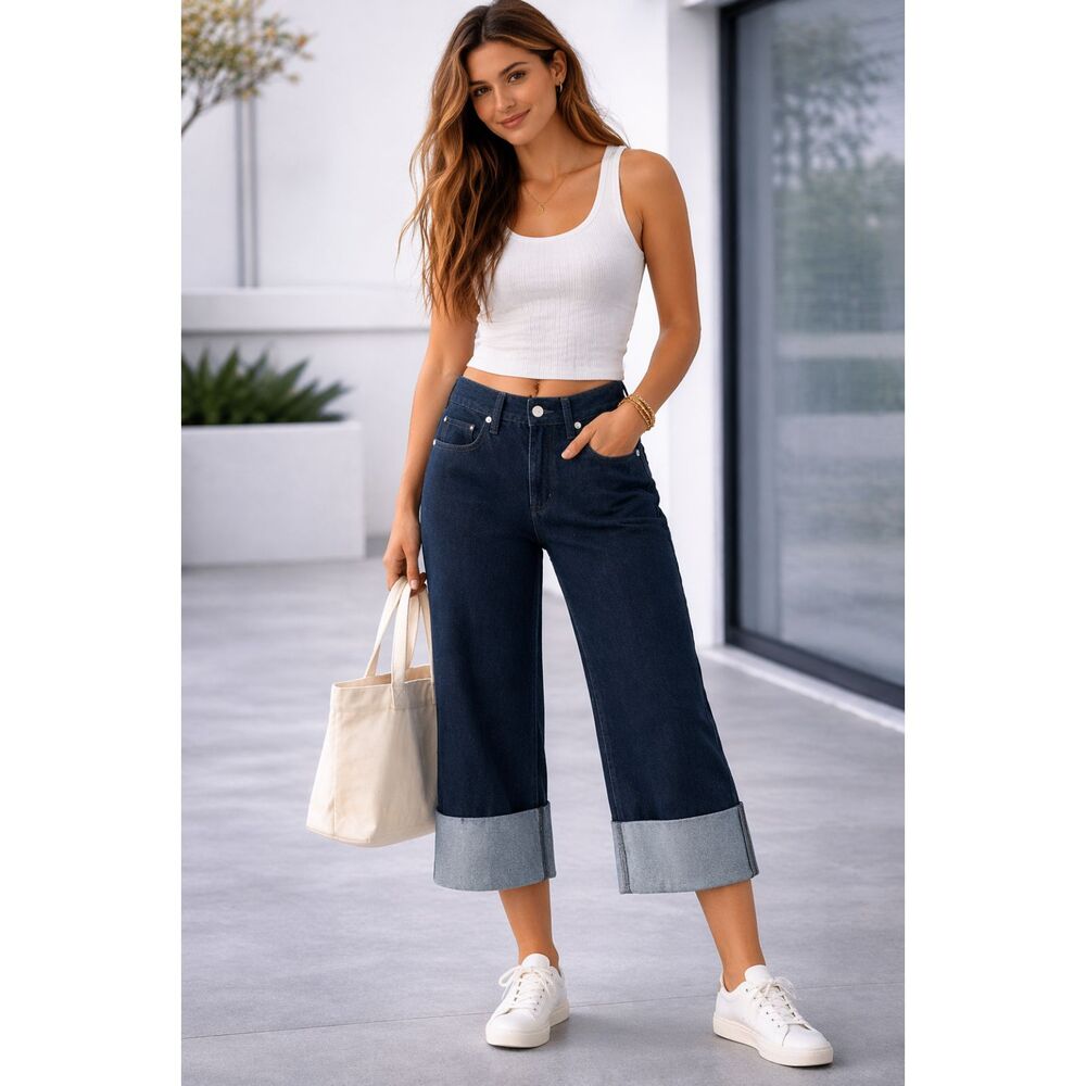 BCBGMaxAzria Wide Leg Cuffed Rigid Jeans Blue 26